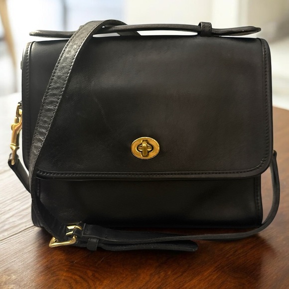 Coach Handbags - Vintage Coach Court 9870 Black Leather Crossbody Bag with Gold Accents